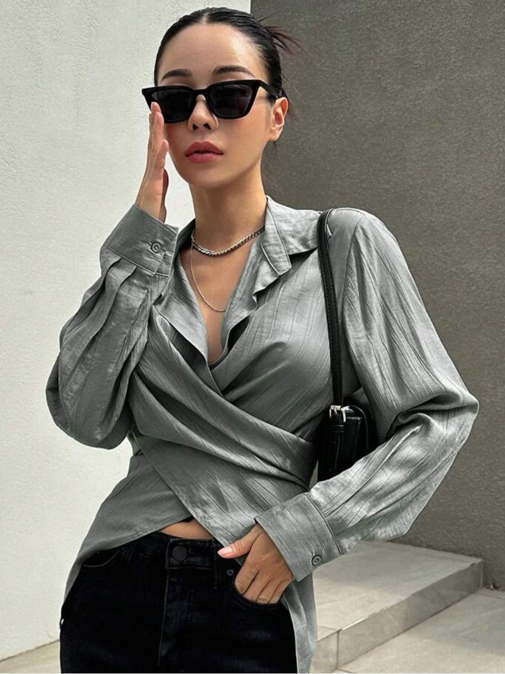 3/$45 Crinkle Tie-Front Button Down Shirt - Gray
